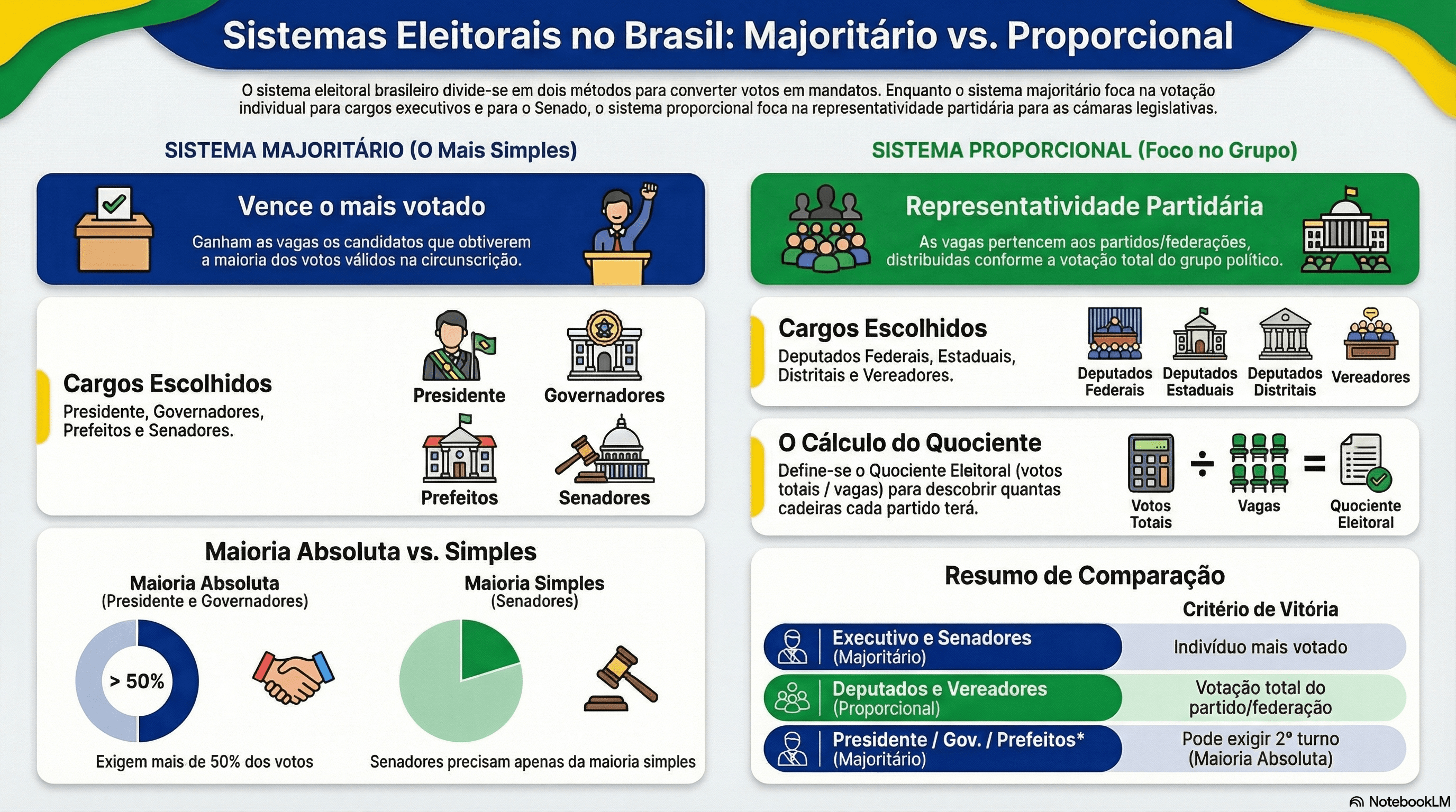 Infográfico comparando os sistemas eleitorais majoritário e proporcional no Brasil